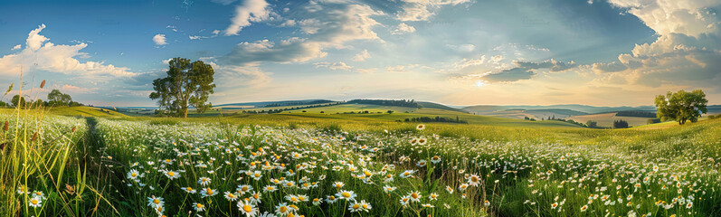 Beautiful spring and summer natural panoramic pastoral landscape with blooming field of daisies in the grass in the hilly countryside - obrazy, fototapety, plakaty