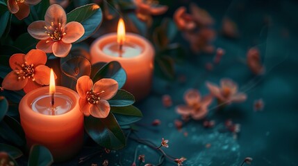 Candles and flowers burning on a dark background. Generative Ai