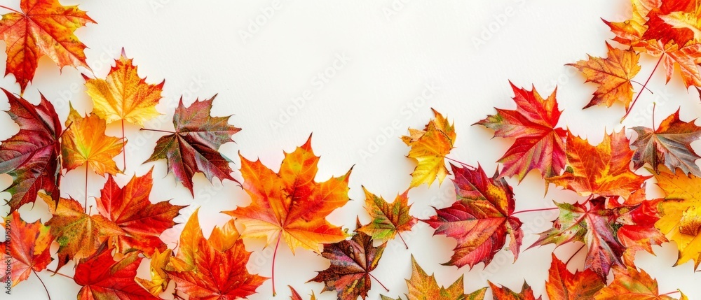Poster autumn background made of colorful maple leaves isolated on white background, panoramic photo with c