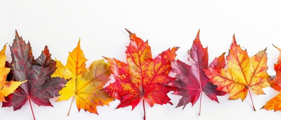 Naklejka na ściany i meble Autumn background made of colorful maple leaves isolated on white background, panoramic photo copy space for text or design Generative AI