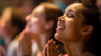 A joyful young woman in the audience with her hands clasped together, looking upwards with a hopeful expression.