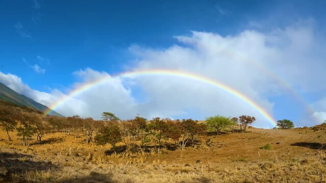 Driver's pov of a bright rainbow above the prairie and the mountains. Rainbow in the mountains as seeon from the passenger seat of a car. Ride on a winding serpentine road in mountains after the rain