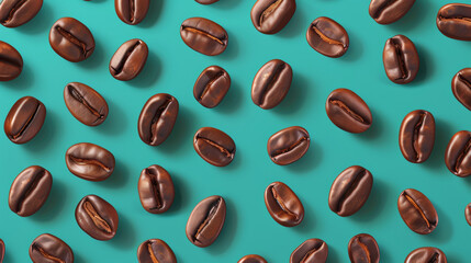 Aromatic roasted coffee beans on pastel mint background.