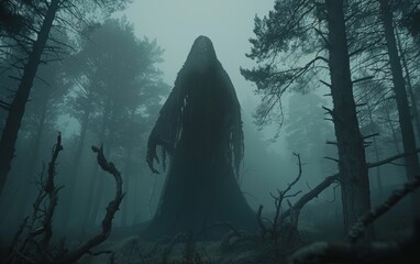 A mysterious entity with elongated limbs stands in a fog-covered forest, its presence suggesting a blend of horror and fascination in the silence of the woods. - obrazy, fototapety, plakaty