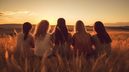 Romantic and sentimental idea of a group of female friends enjoying a sunset while cuddling up in the great outdoors - friendship and independence for travelers - obrazy, fototapety, plakaty