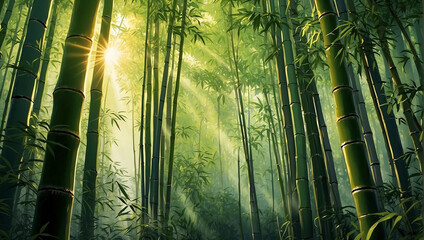 A photo of a bamboo forest with sunlight shining through the trees.  