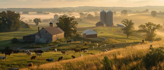 Soft morning light blankets a farm and grazing cows, casting long shadows and illuminating the surrounding mist. - obrazy, fototapety, plakaty