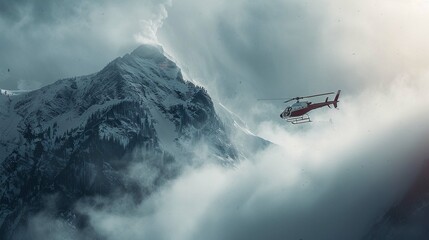 helicopter flying in snow mountains smokey morning - obrazy, fototapety, plakaty