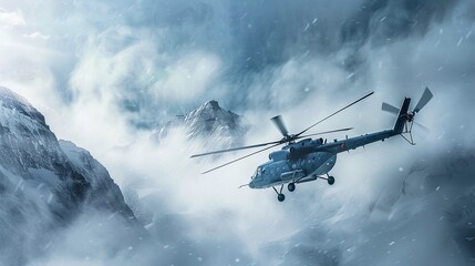 Fototapeta na wymiar helicopter flying in snow mountains smokey morning