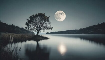 a calm lake at night, silver moonlight, a silhouette of a lonely tree, a big silver moon, hyperrealistic, no clouds