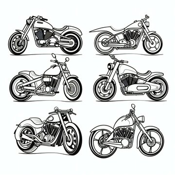 set of motor cycle black outline white illustration