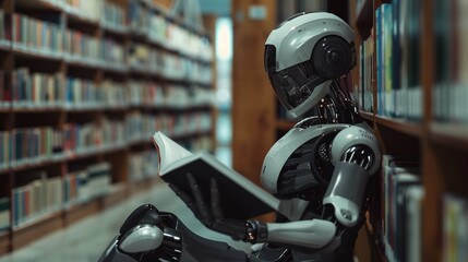 Human robot sits in the library and read book