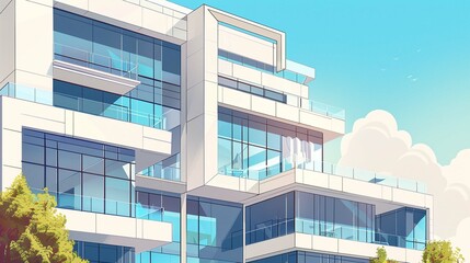 Illustration of contemporary multistory building with geometric design and glass windows