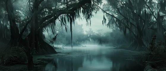 Mysterious foggy swamp with ancient trees, their branches hanging low, reflecting in the calm water under the eerie light.