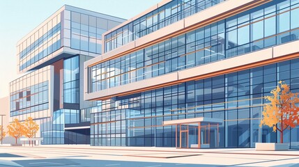 Illustration of contemporary multistory building with geometric design and glass windows