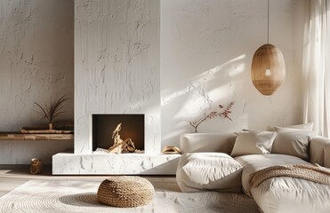 Fototapeta na wymiar A modern living room with a white stone fireplace, warm wooden furniture and a beige sofa