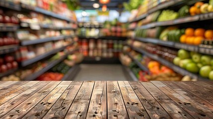 Fototapeta premium empty wooden table with beautiful grocery store background.