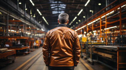 A man in a brown leather jacket standing in a factory looking at the production line - obrazy, fototapety, plakaty