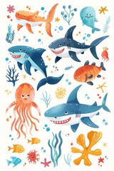 Cute, colorful shark cartoons, paired with friendly krakens, vector ocean invertebrates, marine adventure