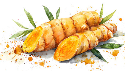 Watercolor Turmeric with leaves on transparent background - obrazy, fototapety, plakaty