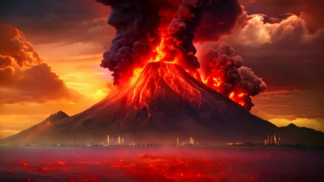 A volcano releases smoke as it violently erupts, sending plumes of ash and debris high into the atmosphere, Photo of the volcanic eruption Krakatoa, AI Generated