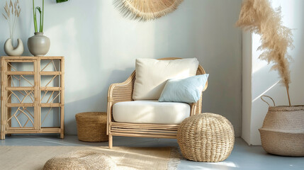 Coastal style room in light pastel hues with rattan furniture