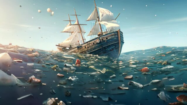 A photo of a ship navigating through a sea of garbage, highlighting the urgent environmental crisis we face, Plastic pollution in the sea, Concept of global warming, 3D rendering, AI Generated