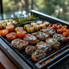 A grill with meat and vegetables on it ai technology