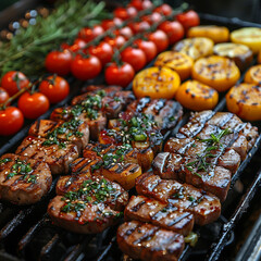 A grill with meat and vegetables on it ai technology