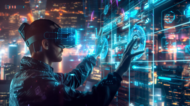 A man wearing a virtual reality headset engages in an immersive experience, Virtual reality scene depicting cybersecurity training.  Generative AI