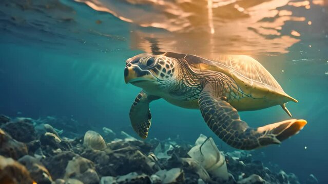 A turtle gracefully swims in the ocean alongside a troubling accumulation of human waste, Sea turtle surrounded by plastic garbage in the ocean, Concept of nature pollution, AI Generated