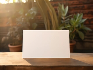 Blank White Card Displayed on Wooden Table with Plants