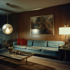 a single picture frame hanging on an wall in vintage living room with couch and lamp