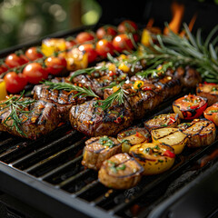 A grill with meat and vegetables on it ai technology