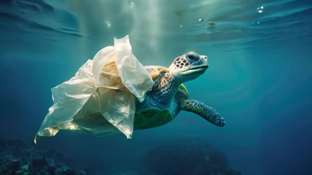 Plastic Bag Floating in Ocean Near Turtle, Sea turtle with plastic bags in the ocean, Concept of environmental pollution, AI Generated