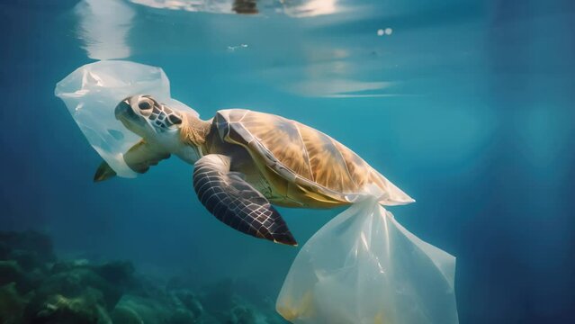 Turtle Swimming in Ocean With Plastic Bag, Sea turtle with plastic bags in the ocean, Concept of environmental pollution, AI Generated
