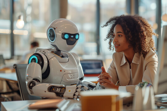 Woman Sitting at Desk Next to Robot