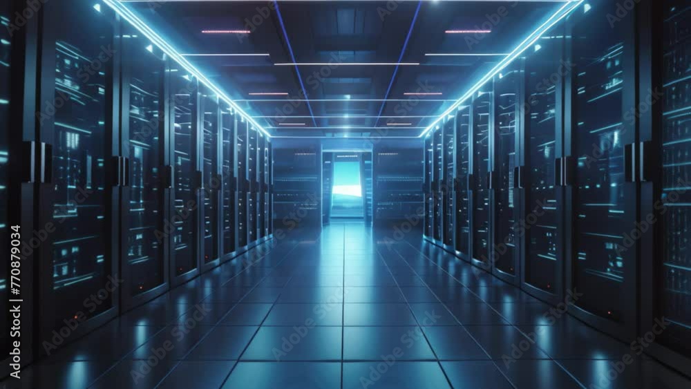 Poster a long hallway filled with rows of servers running and processing data, server room data center feat