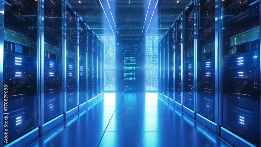 Poster a long hallway filled with rows of servers in a data center, server room data center featuring rows 