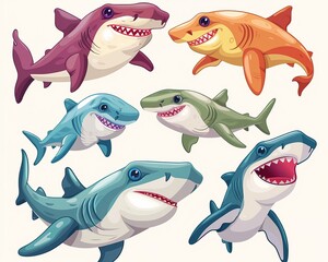 Adorable set of colorful hammerhead sharks and friendly krakens, exploring ocean life in vector cartoons , high resolution DSLR, 8K, high detailed, super detailed , ultra HD, 8K resolution , up32K HD - obrazy, fototapety, plakaty