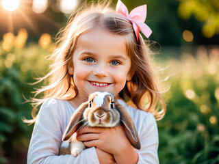A little girl with a bow on her head holds a rabbit in her arms