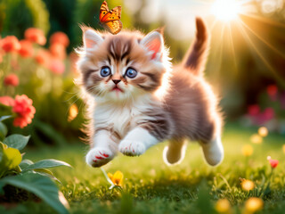 A little kitten is playing in the garden with a butterfly