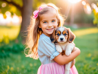 a little girl with a bow on her head holds a puppy in her arms