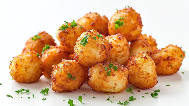 Tater tots with parsley on white background. Close-up with place for text. Comfort food concept for design and print