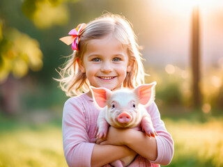 A little girl is smiling and holding a little pig in her arms