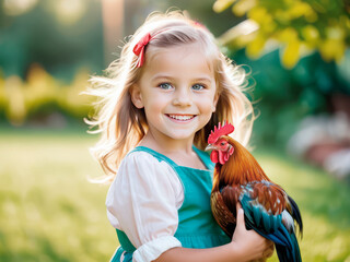 A little girl is smiling and holding a cock in her arms
