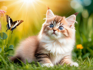 A little kitten in the garden is looking at a butterfly