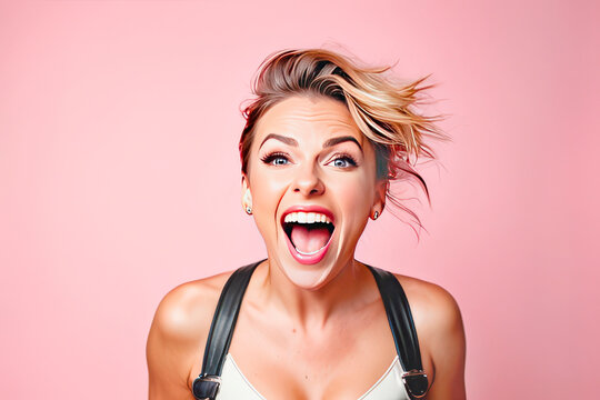 photo shoot, a middle-aged girl screams with happiness