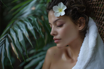 Woman with a frangipani flower in hair relaxing at spa. Wellness and self-care concept. Design for spa services brochure, beauty retreat promotion, or relaxation themed poster