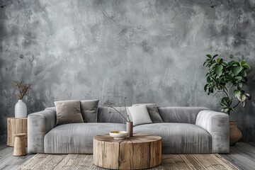 A modern living room with concrete walls, grey sofa and wooden coffee table. The wall is covered in textured plaster or paint for an industrial look